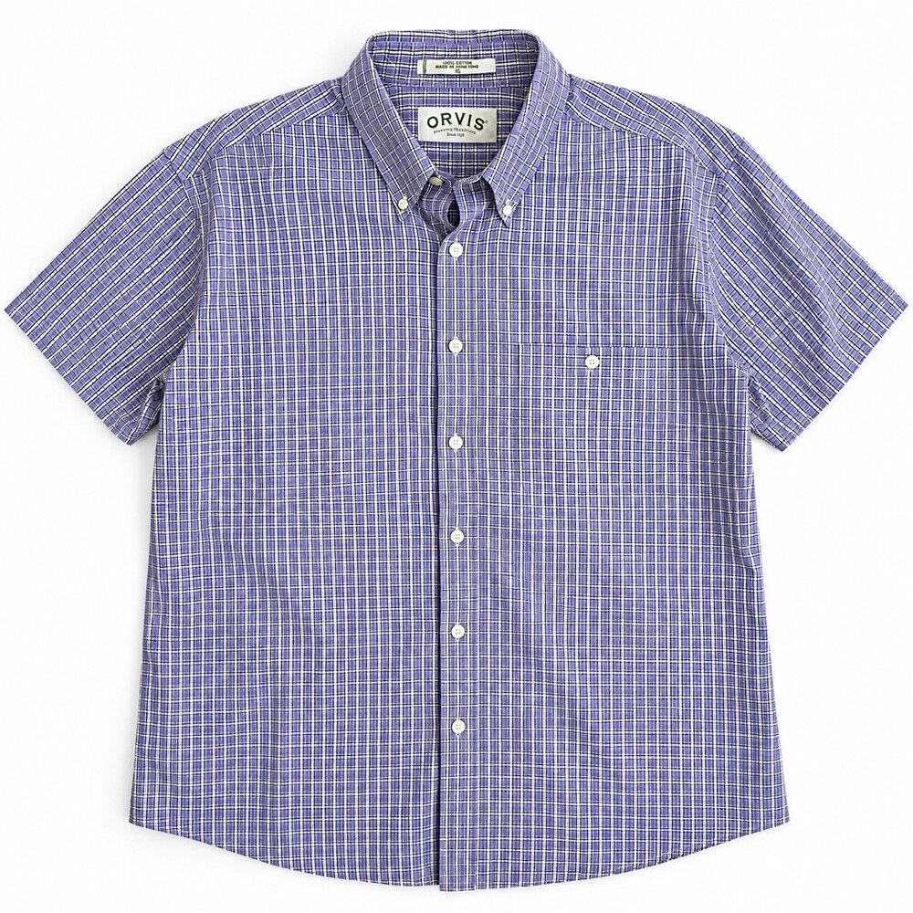 Orvis Wrinkle-Free Plaid Shirt Light Purple 100% Cotton Short Sleeve Men's XL
